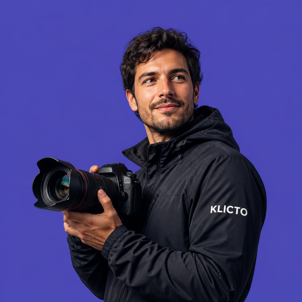 Fotógrafo segurando uma câmera com a marca Klicto